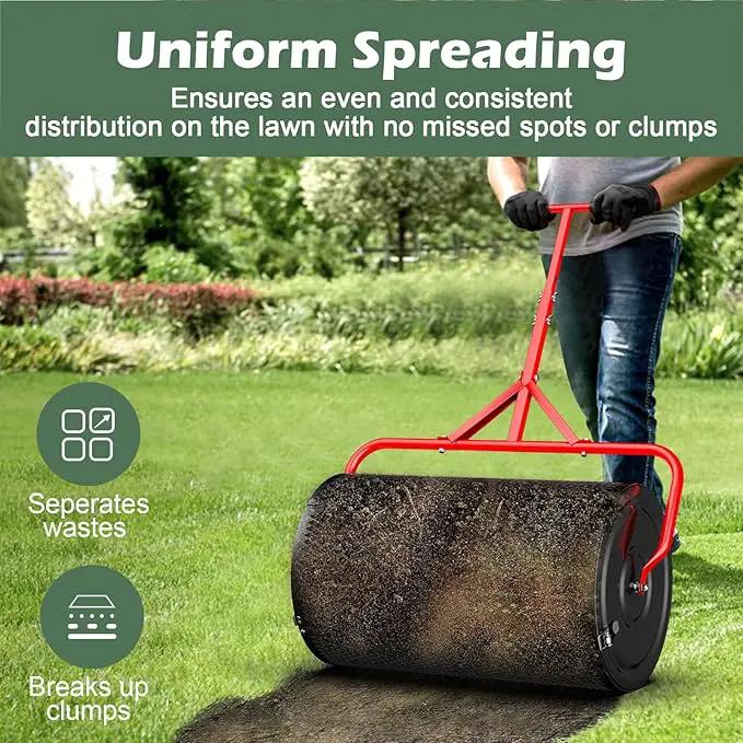 Compost Peat Moss Spreader for Lawn, 24 Inch Compost Roller Spreader with Adjustable T-Shaped Handle, Upgraded Side Clasps, Durable Lightweight Metal Roller, Lawn Garden Yard Care (Black) by GreenHaven Gardens