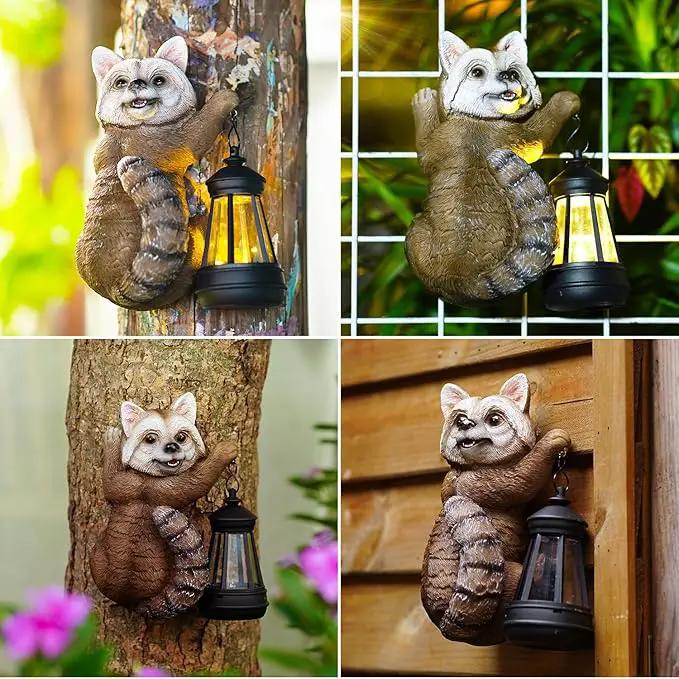 Raccoon Tree Hungger with Solar Lantern - 7.4 Inch Raccoon Outdoor Statue for Garden Yard Decor Outside,Best Garden Gifts for Mom,Women by GreenHaven Gardens