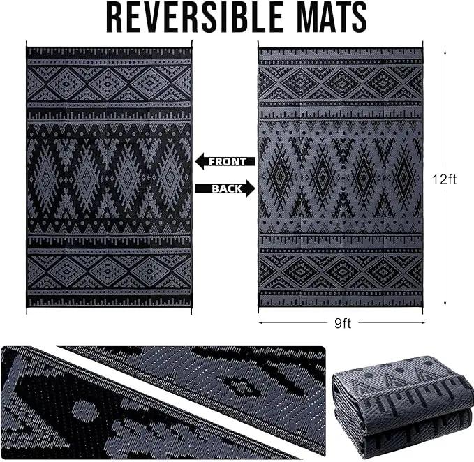 OLANLY Outdoor Rug Waterproof 9x12 ft, Reversible Outdoor Plastic Straw Rug, Boho Patio Rug, Indoor Outdoor Carpet, RV Mat Outside for Patio, Camp, Picnic, Balcony, Deck, Backyard, Black & Grey by GreenHaven Gardens