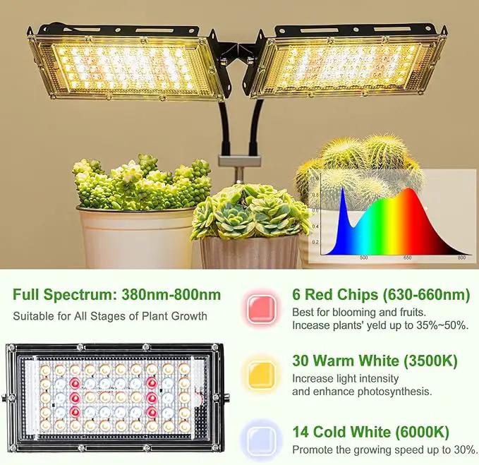 LBW Grow Light for Indoor Plants, Dual Heads Full Spectrum 200W LED, Auto On/Off Timer, 6 Dimmable Levels, 3 Switch Modes, Adjustable Tripod Stand 15-63 inches by GreenHaven Gardens
