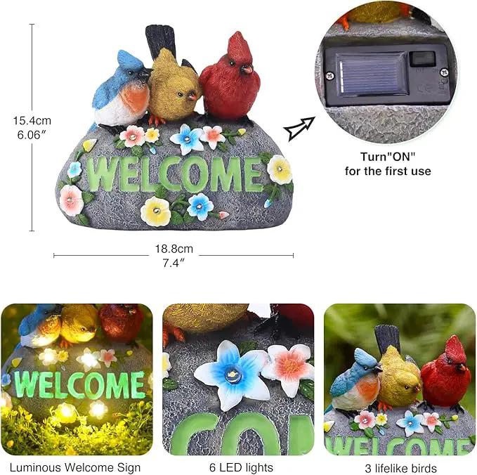 Solar Birds Welcome Sign - Outdoor Bird Decor with Solar LED Lights - Elegant and Charming Figurines for Women, Moms & Garden Enthusiasts by GreenHaven Gardens
