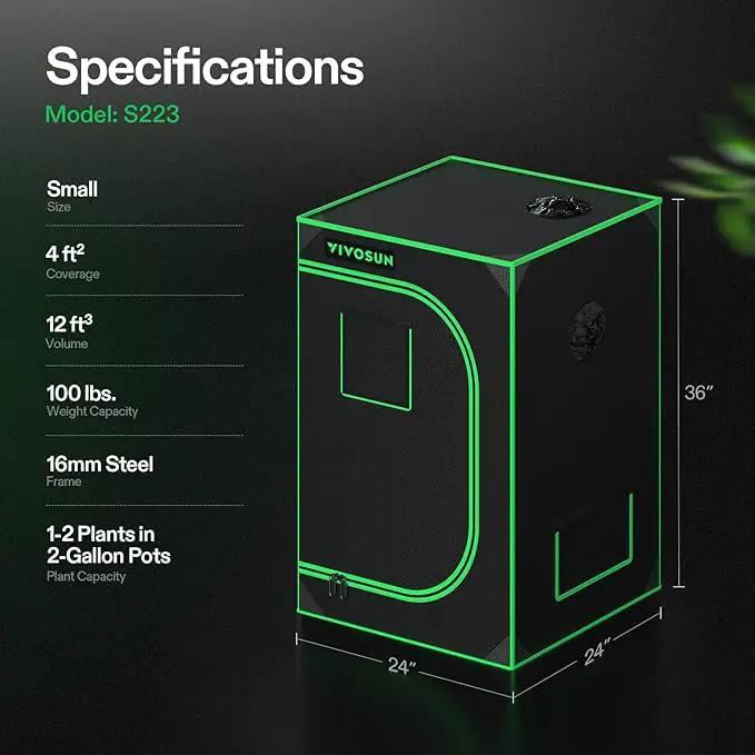 VIVOSUN S223 2x2 Grow Tent, 24"x24"x36" High Reflective Mylar with Observation Window and Floor Tray for Hydroponics Indoor Plant for VS1000 by GreenHaven Gardens