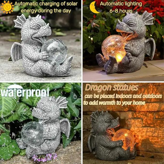 Solar Dragon Outdoor Statue Cute Baby Dragon Holding Glowing Glass Orb Resin Garden Decoration for Porch Patio Lawn Yard Perfect Housewarming Gift by GreenHaven Gardens