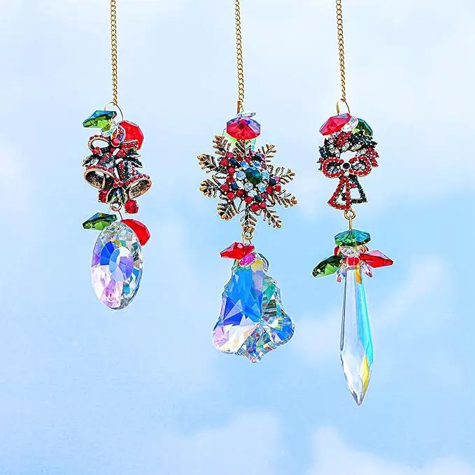 3 Pack Crystal Christmas Ornaments, Glass Rainbow Rhinestones Sun Catcher Prisms with Christmas Wreath Snowflake Bells,Suncatcher Hanging Crystal Pendants for Window Christmas Home Decor by GreenHaven Gardens