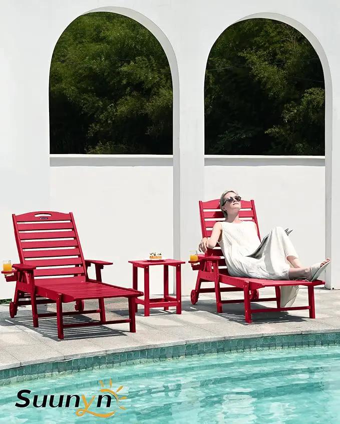 Chaise Lounge Chair Outdoor with Wheels, 6-Position Adjustable HDPE Chaise Lounge Chair with Cup Holder, Outdoor Chair for Pool Poolside Deck Backyard Patio, Red by GreenHaven Gardens