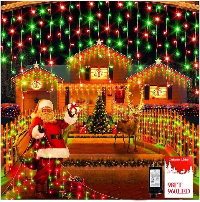 960 LED 98FT Christmas Lights Plug in 8 Modes with Timer Dimmable Christmas Decorations Outdoor Waterproof Indoor Curtain String Lights for Roof Garden Holiday Wedding Party Decor Red + Green by GreenHaven Gardens