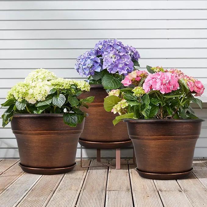 Plant Planters Pots Set of 6 Pack 6 Inch, Plastic Flower Pot for Indoor Plants with Drainage Holes & Trays, Resin Decorative Container Sets with Saucer for House Outdoor Garden Planters Dark Gold by GreenHaven Gardens