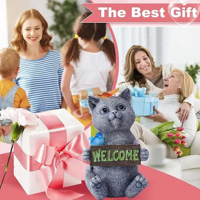Solar Cat Figurine Garden Statues : Outside Welcome Cat Statue with Butterfly for Garden Decor and Yard Decorations - Unique Gifts for Women and Mom by GreenHaven Gardens