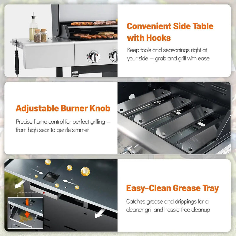 4-Burner Propane Gas Grill, Stainless Steel BBQ with 40,000 BTU, Foldable Side Shelves, Porcelain-Coated Grates, Ideal for Patio & Backyard Cooking (4&1 Burner) by GreenHaven Gardens