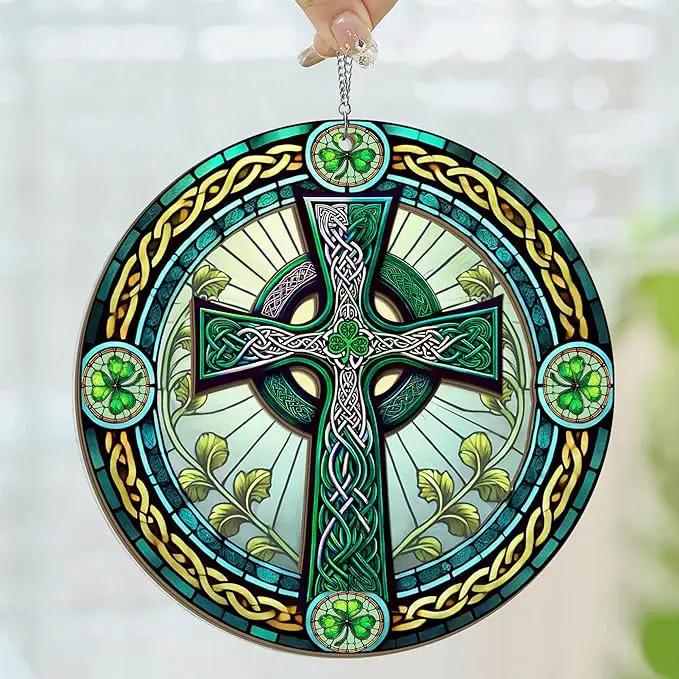 St Patricks Day Decorations - Irish Gifts for Men Women Friends Family, St Patricks Day Accessories, Celtic Cross Home Decor - Double Layered Hanging Suncatcher 12 in by GreenHaven Gardens