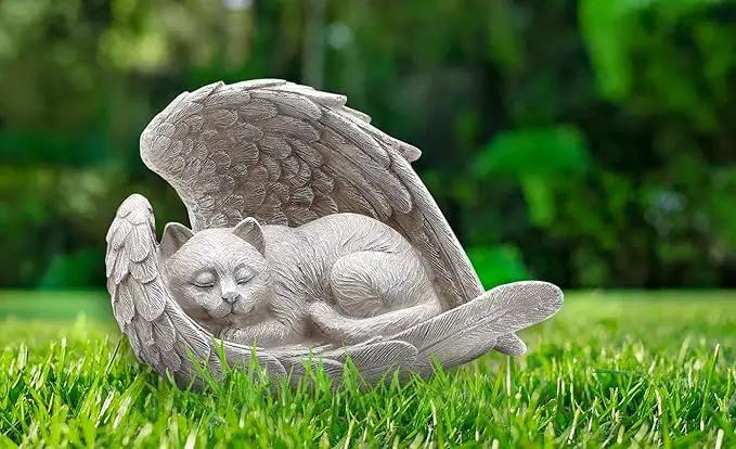 Sleeping Cat Within Angel Wings 8.5 x 5.5 Resin Stone Pet Memorial Figurine, Concrete Grey by GreenHaven Gardens