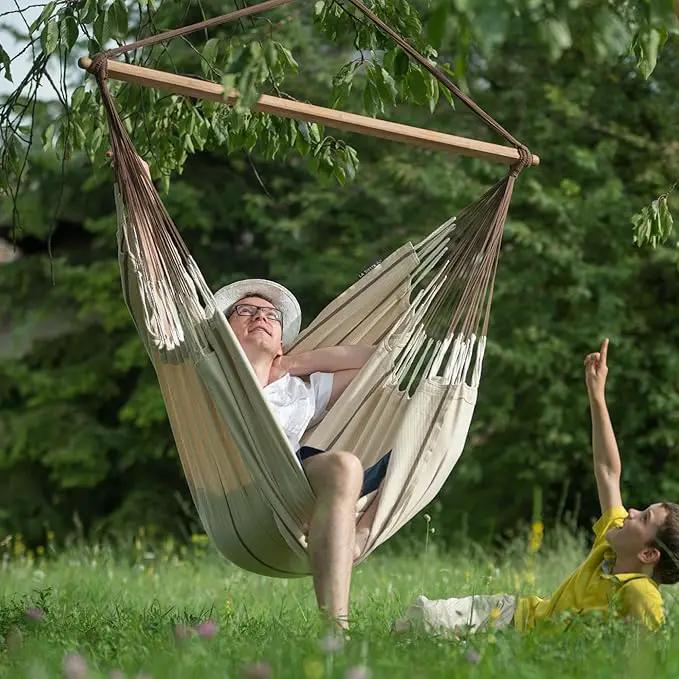LA SIESTA® - XL King Habana Cotton Hammock Chair & CasaMount - Hanging Chair w/Suspension Kit for Walls Ceilings & Square Beams - Indoor Outdoor Swing Hanging Chair Bedroom Patio Balcony - Nougat by GreenHaven Gardens