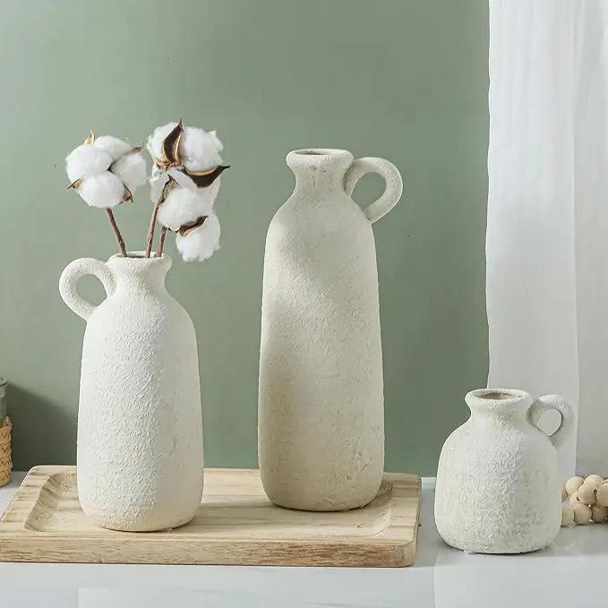 Ceramic Vase Set of 3 with Handle, Neutral Rustic Vases Home Decor Farmhouse Decorative Vase Whitewashed Pottery Decor Modern for Table Mantel Entryway Bookshelf Living Room Kitchen Bedroom - White by GreenHaven Gardens