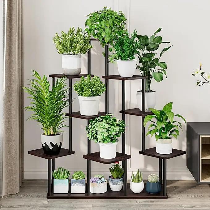AZERPIAN Plant Stand 9 Tier Indoor Metal Flower Shelf for Multiple Plants Corner Tall Flower Holders for Patio Garden Living Room Balcony Bedroom, Black Oak by GreenHaven Gardens