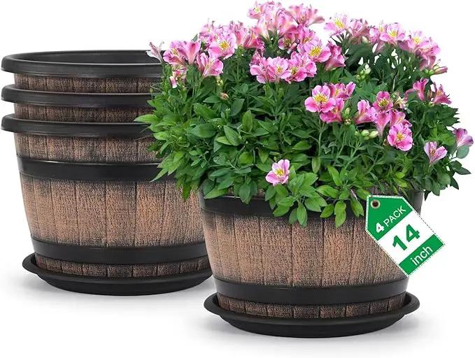 Quarut Large Plastic 4 Pack14 inch Plant Pots,Whiskey Barrel Planters with Drainage Holes & Saucer.Flower Pots Imitation Wine Barrel Design for Indoor & Outdoor Garden Balcony Plants.5 Gallons(Brown) by GreenHaven Gardens