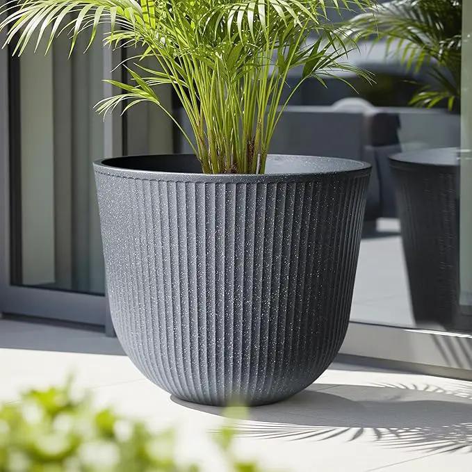 WORTH Garden Round Large Planter Pot 1-Pack - 17.5" Dia x 15.5" H - Durable Plastic Grey Plant Tree Pots with Vertical Stripe Textured Finish, Drainage Hole for Indoor, Outdoor, Front Porch, Patio by GreenHaven Gardens