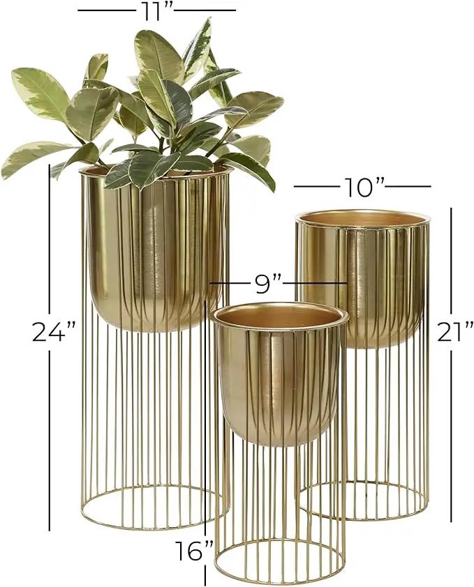 Deco 79 Metal Indoor Outdoor Planter Deep Recessed Dome Large Planter Pot with Elevated Caged Stand, Set of 3 Planters 24", 20", 16"H, Gold by GreenHaven Gardens