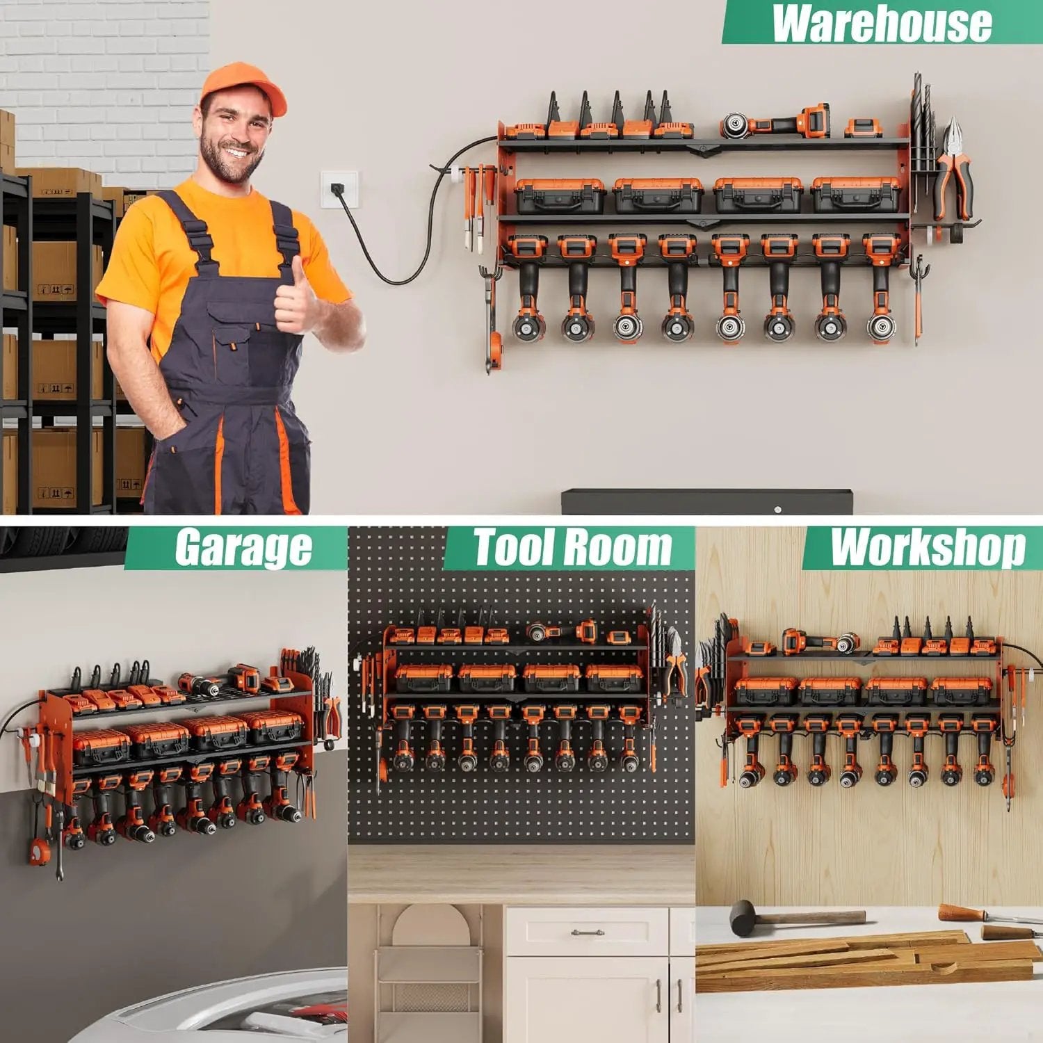 Suchtale Power Tool Organizer with Charging Station,33.2''Garage 8 Drill Holders Wall Mount,3 Layers Heavy Duty Metal Tool Shelf with 8 Outlets Power Strip, Gift for Men, Father, Orange by GreenHaven Gardens