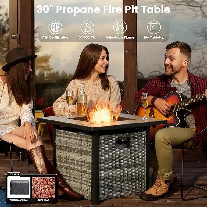 ovios 8 Pieces Patio Furniture Set with 30" Fire Pit Table, Outdoor Wicker Sofa with Comfy Cushions, All Weather High Back Rattan Couch Conversation Set, Orange Red by GreenHaven Gardens