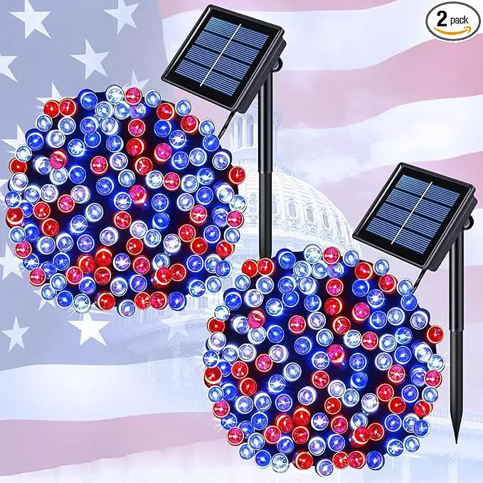 JMEXSUSS 2 Pack Red White and Blue Solar Lights 100LED 33ft Patriot Solar String Lights Waterproof, 8 Modes 4th of July Lights for Independence Day, Gardens, Tree, Outdoor 4th of July Decorations by GreenHaven Gardens
