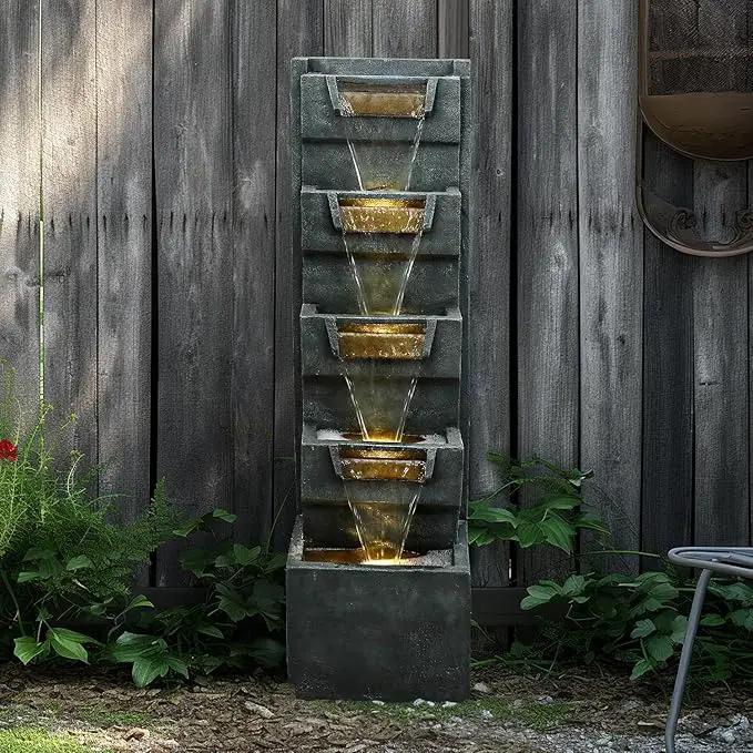 SunJet 4-Tiers Modern Cascading Indoor/Outdoor Fountains and Waterfalls with LED Lights - 39.3" High Large Water Fountain for Garden, Patio, Yard, and Deck Decor - Relaxing Water Fountain Outdoor by GreenHaven Gardens