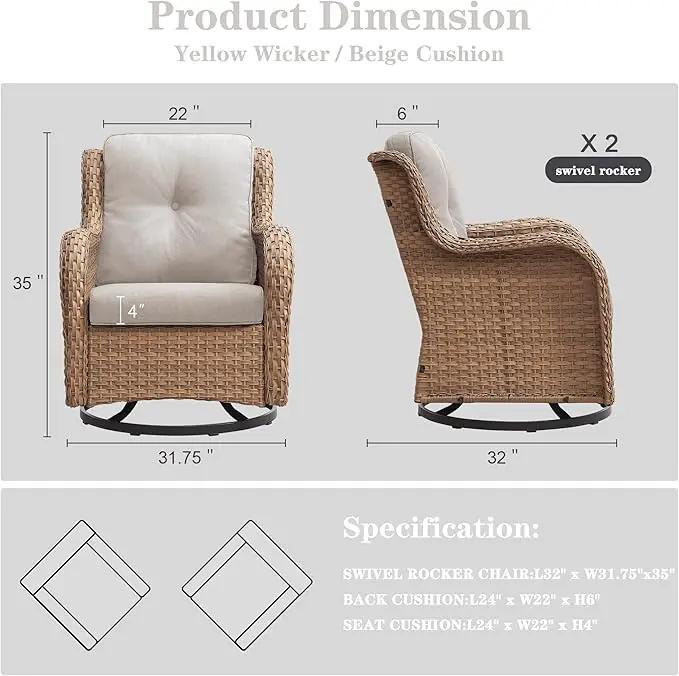 Outdoor Swivel Rocker Patio Chairs - 360 Degree Swivel Glider Seating 350LBS Weight Capacity Wicker Rocking Chairs Set of 2 with Removable Cushion for Porch Balcony Deck, Yellow/Beige by GreenHaven Gardens