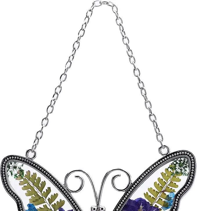 Laraine Butterfly Suncatcher with Pressed Flower Wings Mom Mother's Day Butterfly Glass Wind Chime Ornament Charm with Metal Heart Gifts for Mom Grandma Aunt Birthday (Purple Love (with Free Hook)) by GreenHaven Gardens