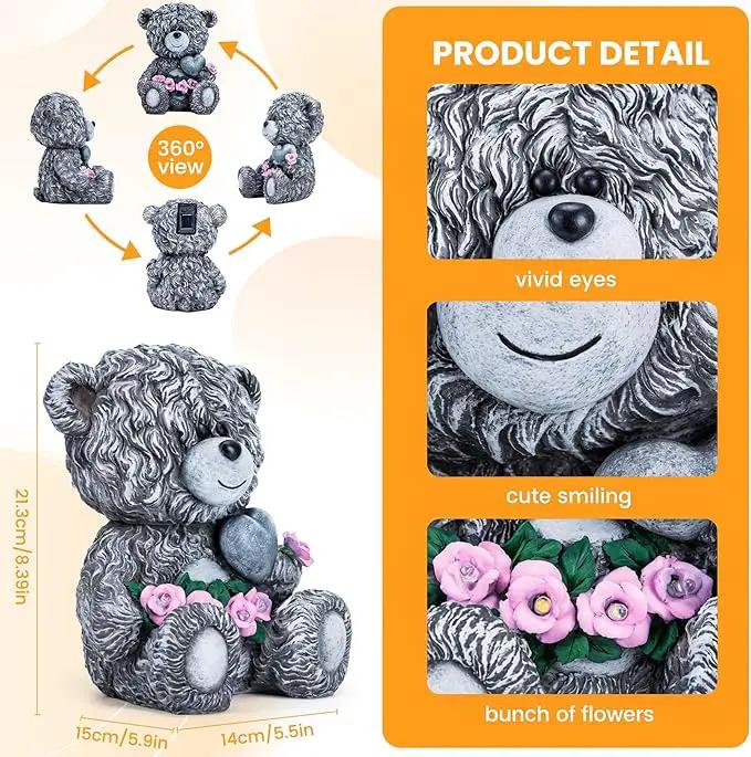 Solar Garden Outdoor Statues Bear with Heart and Pink Flower and 5 LED Lights-Lawn Decor Bear Statue for Patio, Balcony, Yard Ornament-Unique Valentine's Day and Housewarming Gifts for Mom, Women by GreenHaven Gardens