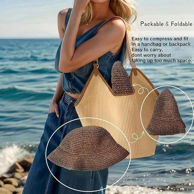 Womens Straw Beach Sun Hats, Foldable Packable Floppy Handmade Crochet Hats for Women,Large Summer Vacation Wide Brim Hat by GreenHaven Gardens
