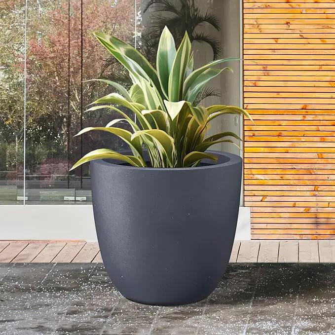 Kante 18 Inch Dia Round Concrete Planter, Indoor Outdoor Large Plant Pot with Drainage Hole and Rubber Plug for Home Patio Garden, Charcoal by GreenHaven Gardens