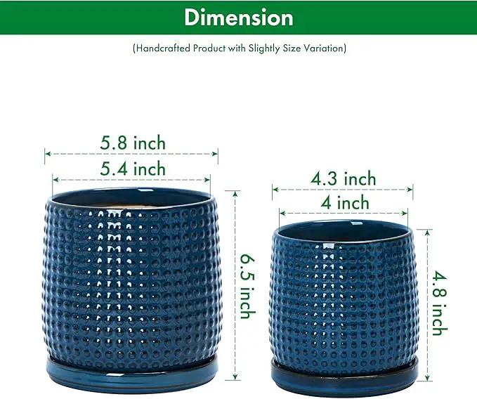 D'vine Dev 6 Inch 4 Inch Ceramic Indoor Planter Pots with Drainage Hole and Saucer, Beaded Design Flower Pots, Set of 2, Blue, 27-D-U-3 by GreenHaven Gardens