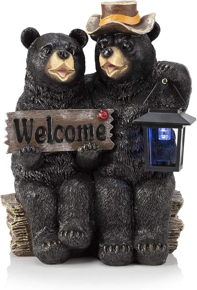 Alpine Corporation 15" Tall Outdoor Bear Couple with Lantern and Welcome Sign Statue with Solar LED Light Yard Art Decoration by GreenHaven Gardens