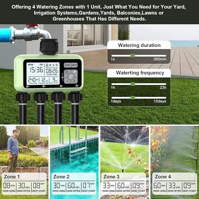 4 Outlet Sprinkler Timer, Programmable Garden Hose Timer with Rain Delay, Manual& Automatic Watering System, Waterproof Gardening Supplies Irrigation Controller for 4 Separate Water Zones by GreenHaven Gardens