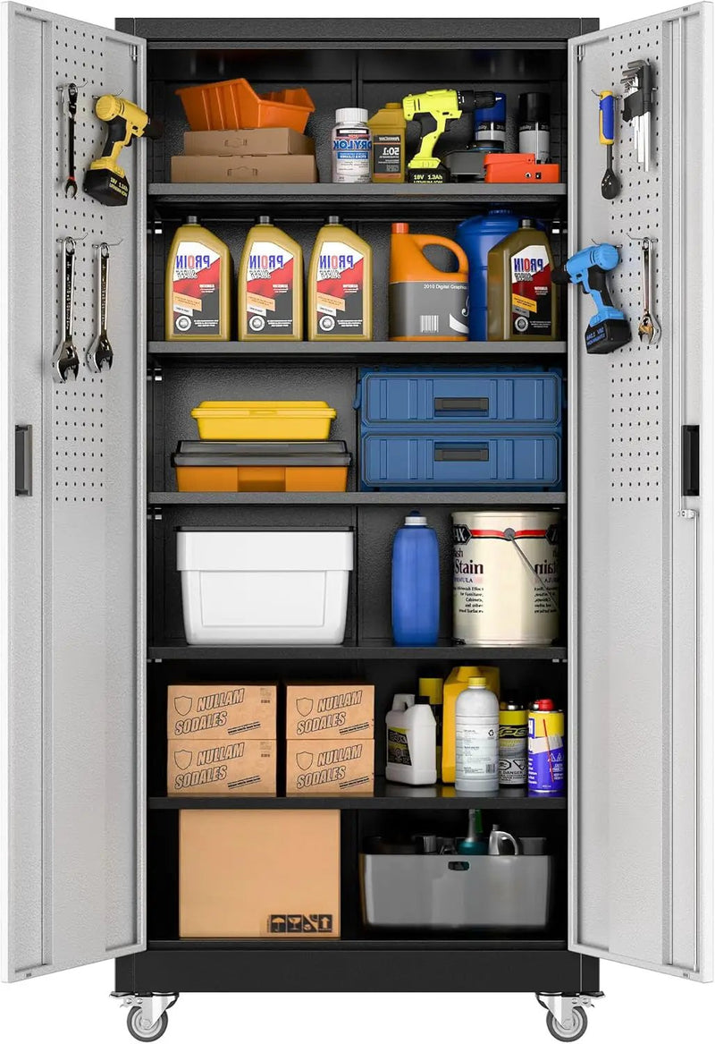 Aobabo 71" H×32" W×16" D Metal Storage Cabinet with Wheels, Garage Steel Storage Cabinet with 5 Adjustable Shelves and 4 Hooks for Home Office,Kitchen, Black Silver,Assembly Required by GreenHaven Gardens