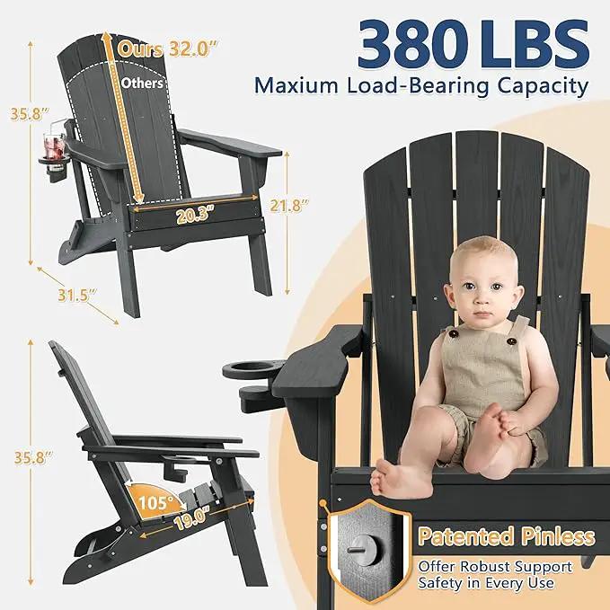 Folding Adirondack Chair Set of 2 with Cup Holder, HDPE All Weather Resistant Plastic Outdoor Patio Chairs, Heavy Duty Fire Pit Seating for Backyard Lawn Garden, Wooden Textured Design(Gray) by GreenHaven Gardens