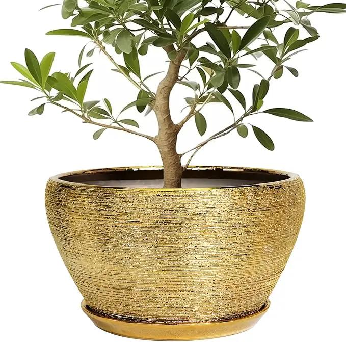 Ceramic Planter 13 Inch - Indoor Plant Pot with Drainage Hole and Saucer Large Ceramic Pot for Plants Mid-Century Decorative Modern Outdoor Flower Pot for Home Decor Gold by GreenHaven Gardens