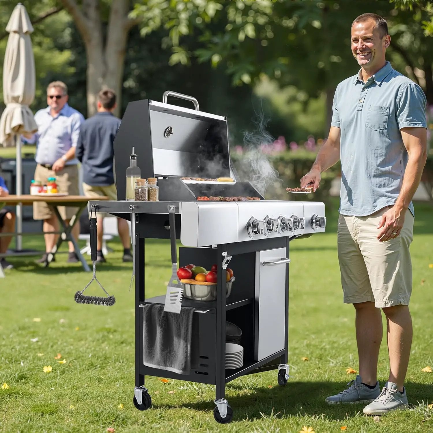 4-Burner Propane Gas Grill with Side Burner & Cabinet, 50,000 BTU Outdoor BBQ Grill with Porcelain-Enameled Cast Iron Grates, Stainless Steel Barbecue Grill for Outdoor Cooking (Silver) by GreenHaven Gardens