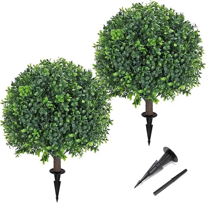 Artificial Boxwood Topiary Ball Tree 24" with Ground Spike, Set of 2 Artificial Boxwood Bushes for Faux Shrubs, Fake Evergreen Faux Plant for Indoor Outdoor Porch Garden- UV Resistant – Fade-Proof by GreenHaven Gardens