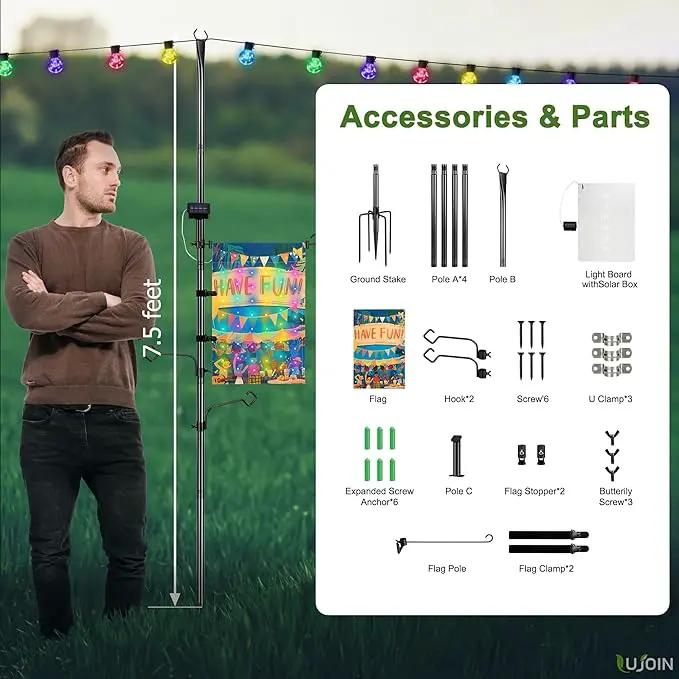 3-in-1 String Light Pole for Outside (2 Pack), Each Pack Includes 2 Hooks, 1 Solar LED Light Board & 1 Party Flag, Heavy Duty Stand for Deck, Patio, Backyard, Wedding by GreenHaven Gardens