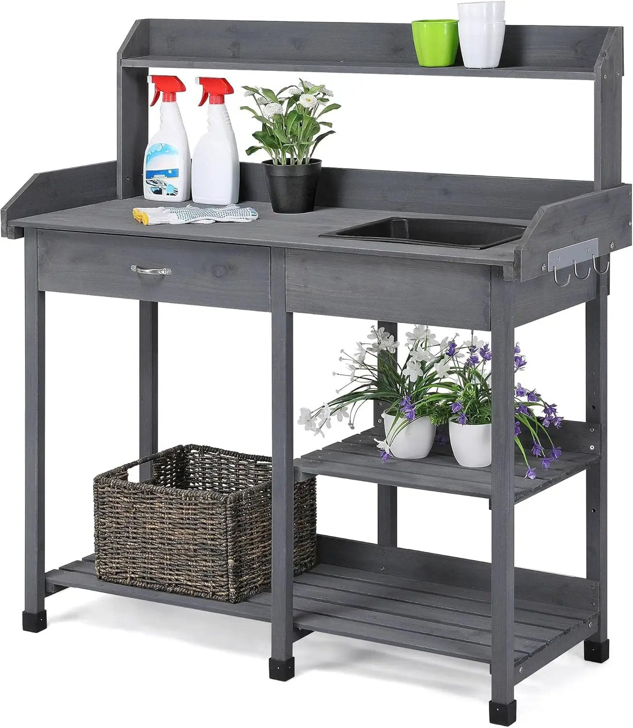 Yaheetech Outdoor Potting Bench Table Potters Benches Garden Workstation for Horticulture with Drawer/Adjustable Shelf Rack/Removable Sink/Hooks/Pads, Gray by GreenHaven Gardens