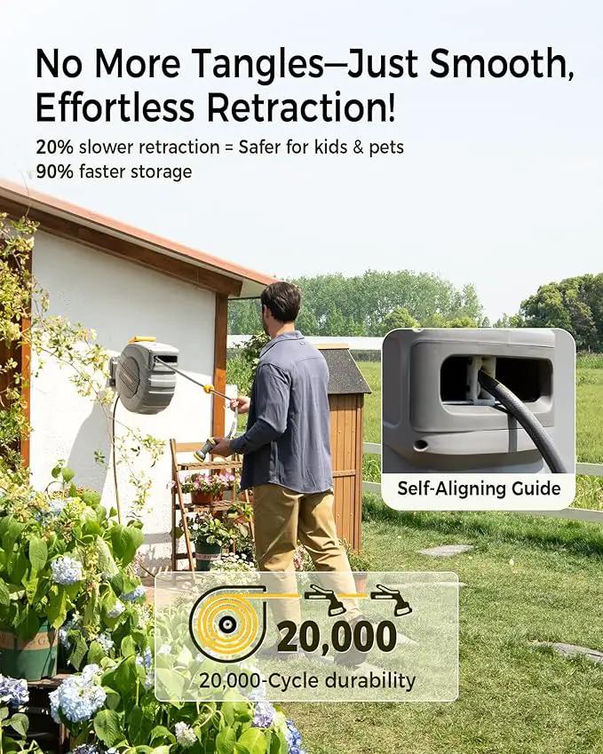 Retractable Garden Hose Reel 5/8 in x 65 ft, 2025 Upgraded Dual Ratchet Lock UV & Freeze Protection Brass Seal Slow Retraction Anti-Tangle Hose 180°Swivel Reinforced Scaffold Wall Mount by GreenHaven Gardens