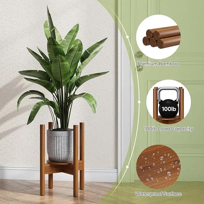 Adjustable Plant Stand, Bamboo Plant Stand Indoor with Tray, Wood Plant Stand for 8 to 12 inches Flower Pots, Single Mid Century Modern Plant Stand for Indoor Plants, Walnut by GreenHaven Gardens