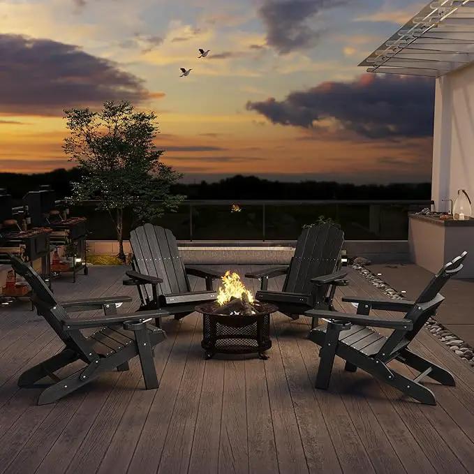 Adjustable Backrest Folding Adirondack Chair Set of 2, Adirondack Chair with Ottoman, Weather Resistant Fire Pit Chair with 2 Cup Holders, for Porch Backyard Outdoor Lawn Pool Deck Beach, Black by GreenHaven Gardens