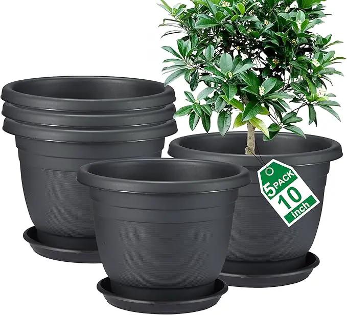 5 Packs 10 inch Plant Pots + Saucer, Planters for Indoor & Outdoor Plants with Drainage Holes | Plastic Flower Pots, Large Planter (Black, 10 inch) by GreenHaven Gardens