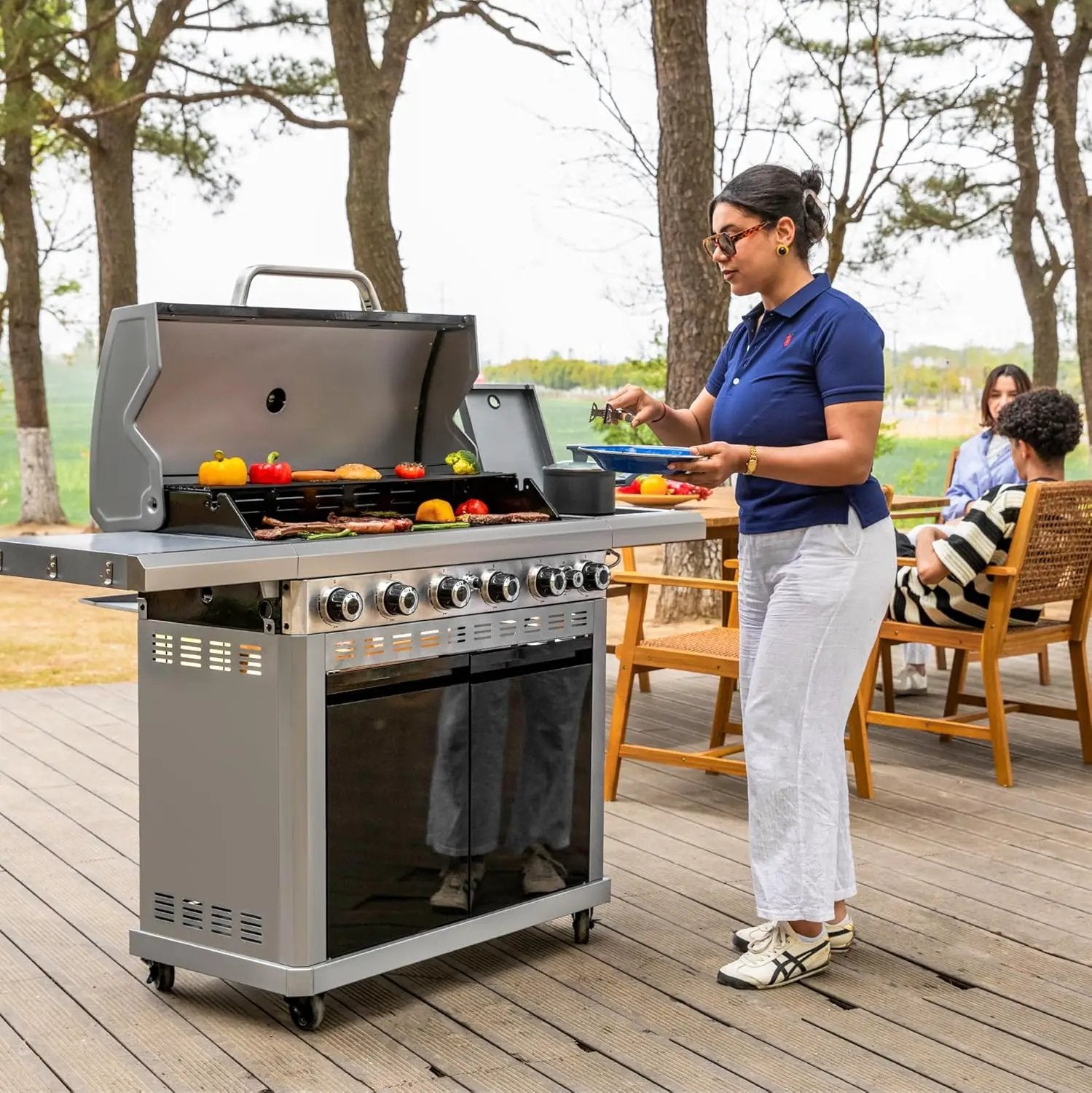 2 in 1 Propane Griddle Grill Combo, 6-Burner Propane Gas BBQ Combo Grill with Porcelain-Enameled Cast Iron Grates & Plate, 42,000 BTU with Side Stove for Outdoor Cooking Camping Patio Backyard by GreenHaven Gardens