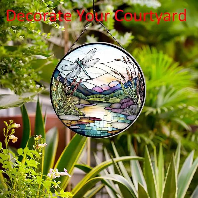 River and Dragonfly Pattern Suncatcher Stained Glass,Hanging Stained Glass for Windows,20cm/7.87inch Hand-Painted Sun Catcher Garden Hangings Painted Glass Panel Decor Themed Gift by GreenHaven Gardens