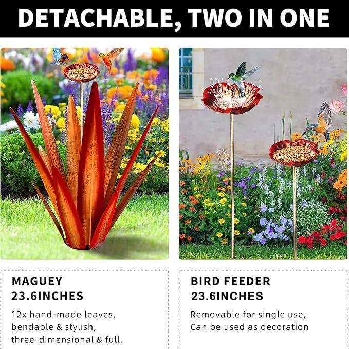 Large Tequila Rustic Sculpture, Rustic Metal Agave Plants for Outdoor Patio Yard, Home Decor Hand Painted Metal Agave Garden Yard Statue, Outdoor Lawn Ornaments (Red - L (W/Bird Feeder)) by GreenHaven Gardens