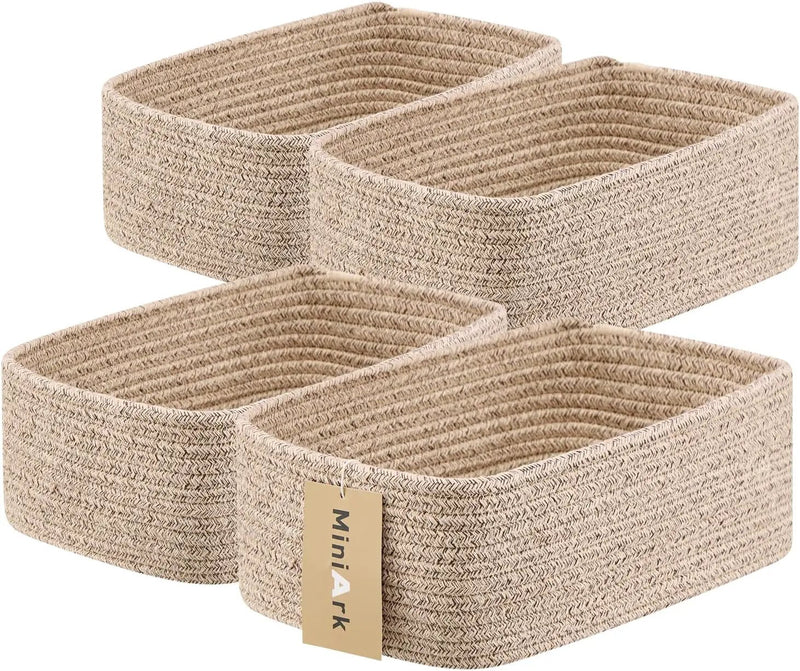Small Storage Baskets for Organizing | Closet Organizer Bins | Shelf Toy Basket | Woven Rope Baskets | Cube Decorative Box | Shallow Basket | 11.5x7.5x4.7” | 4 Packs Mixed Brown by GreenHaven Gardens
