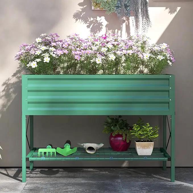 Outsunny Raised Garden Bed with Galvanized Steel Frame, Storage Shelf and Bed Liner, Elevated Planter Box with Legs for Vegetables, Flowers, Herbs, Green by GreenHaven Gardens