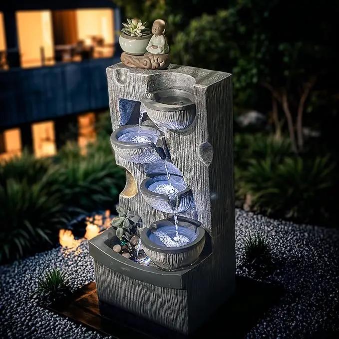 23.43" H Outdoor Water Fountain, 5 Tiers Bowls Garden Water Fountains with LED Light, Modern Natural Waterfall Fountain for Garden, Patio, Yard and Home Art Decor by GreenHaven Gardens